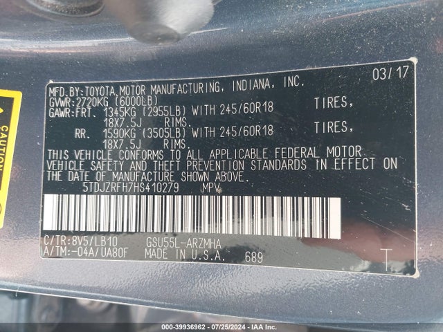 Toyota Highlander Xle 2017 5TDJZRFH7HS410279 Image 9