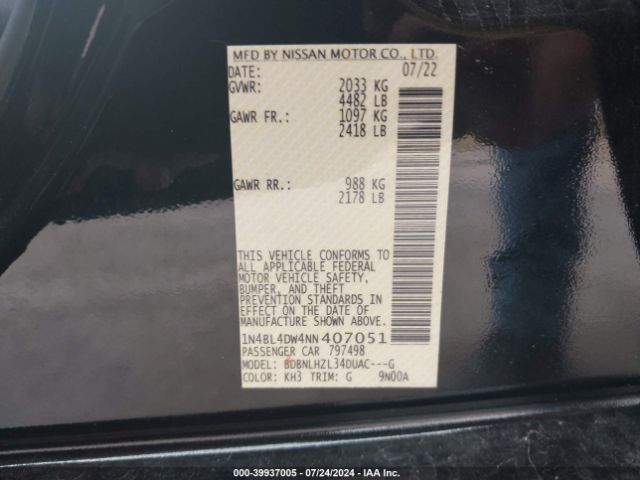 1N4BL4DW4NN407051 Nissan Altima Sv Intelligent Awd