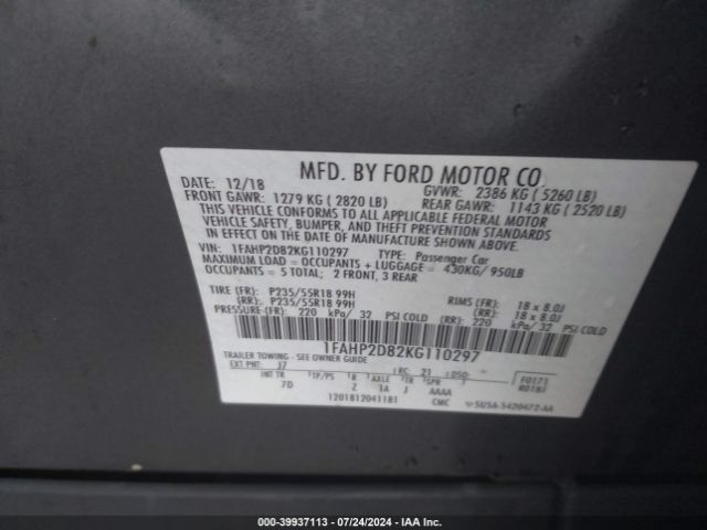 1FAHP2D82KG110297 Ford TAURUS SE