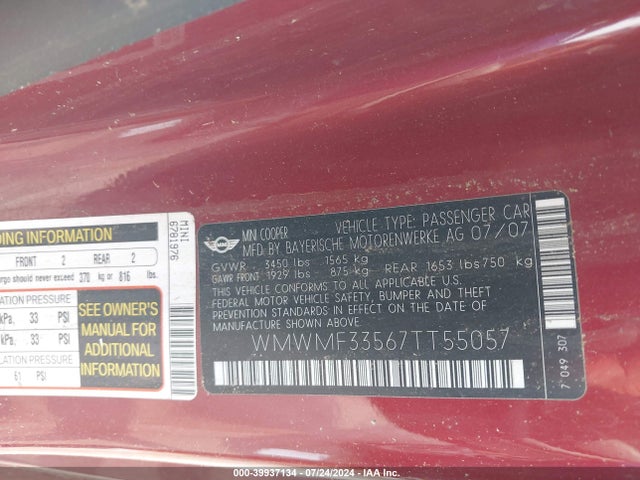 2007 MINI COOPER WMWMF33567TT55057 Photo 8