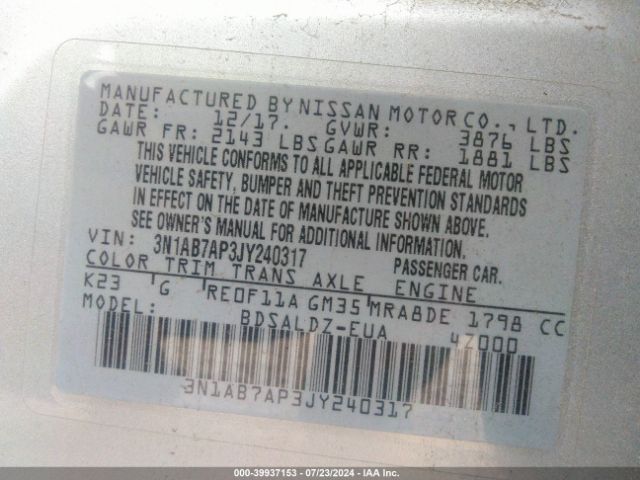 3N1AB7AP3JY240317 Nissan SENTRA SV