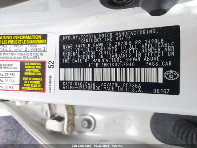 Toyota CAMRY SE 2019 4T1B11HK4KU257946 Image 9