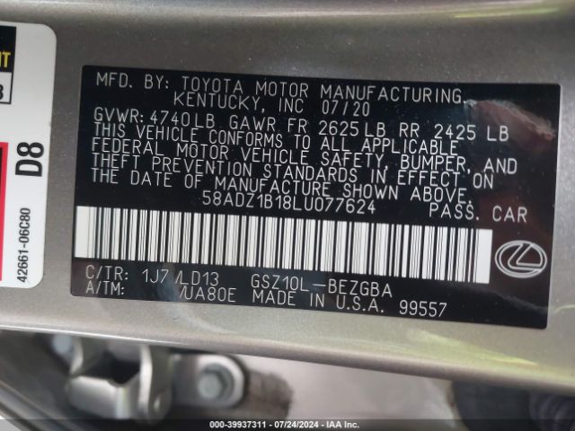 58ADZ1B18LU077624 Lexus ES 350