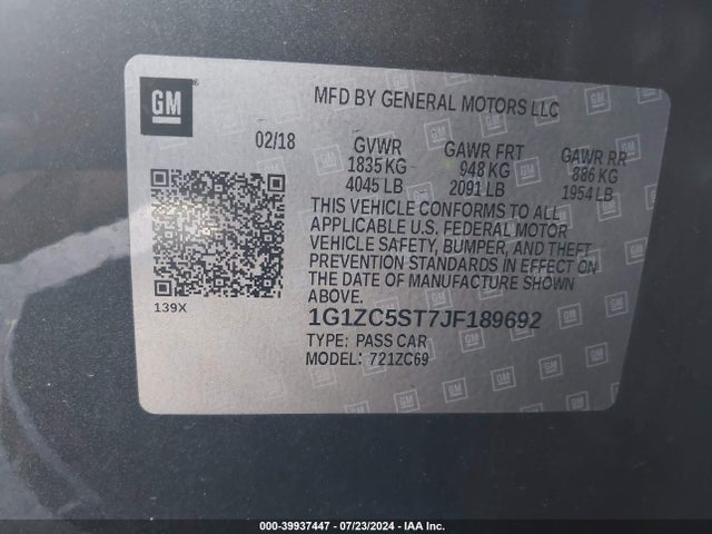 Chevrolet Malibu 1fl 2018 1G1ZC5ST7JF189692 Image 9
