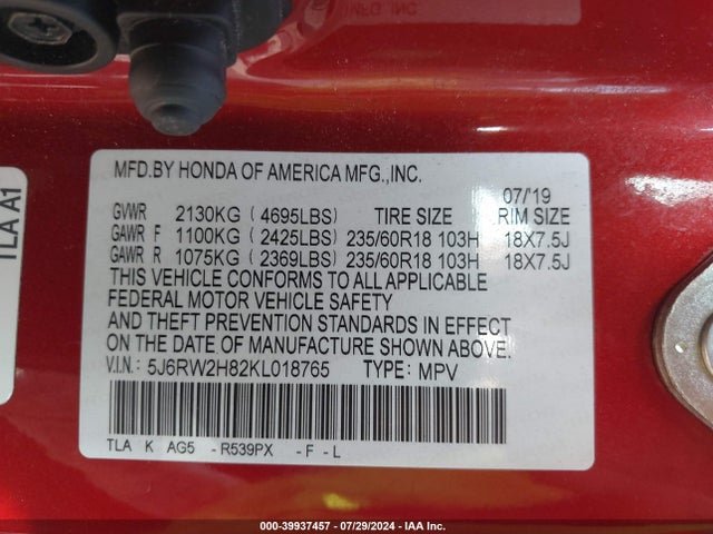Honda Cr-v Ex-l 2019 5J6RW2H82KL018765 Image 9