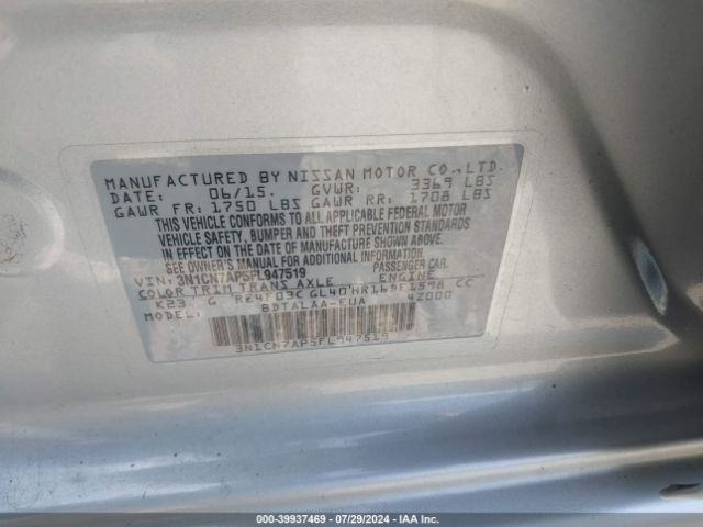 3N1CN7AP5FL947519 Nissan Versa 1.6 S