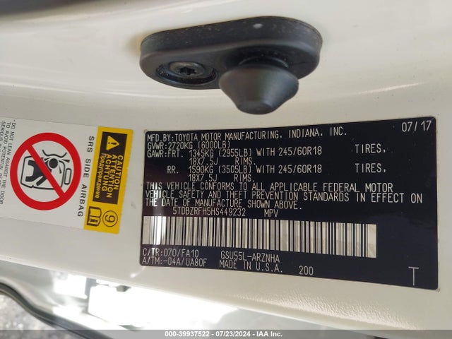 Toyota Highlander Le Plus 2017 5TDBZRFH5HS449232 Image 9