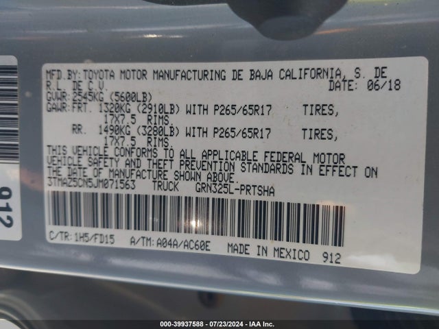 Toyota Tacoma Trd Sport 2018 3TMAZ5CN5JM071563 Image 9