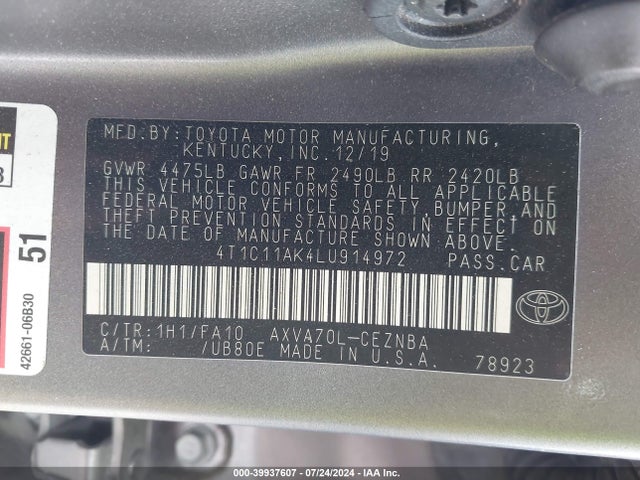 Toyota CAMRY LE 2020 4T1C11AK4LU914972 Image 9