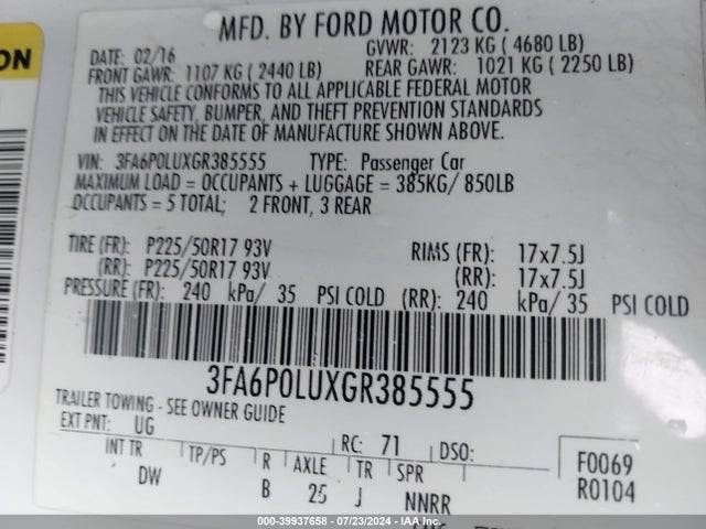 Ford Fusion Hybrid Se 2016 3FA6P0LUXGR385555 Image 9