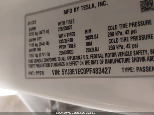 5YJ3E1EC0PF483427 Tesla Model 3 Performance Dual Motor All-wheel Drive