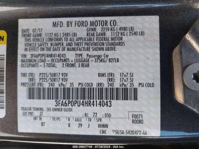 3FA6P0PU4HR414043 Ford Fusion Energi Se Luxury