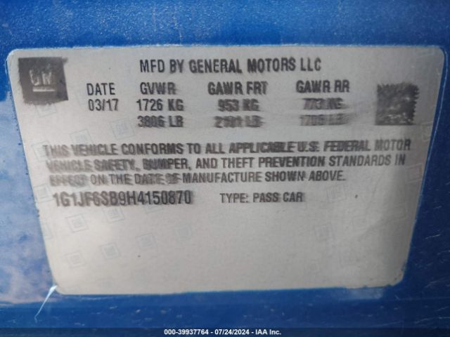 1G1JF6SB9H4150870 Chevrolet Sonic Premier Auto