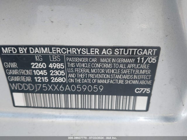 Aukcja sprzedaży 2006 Mercedes-benz Cls 500, vin: WDDDJ75XX6A059059, numer aukcji: 39937770