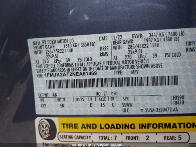 1FMJK2AT2NEA61469 Ford Expedition Limited Max