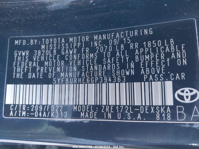 Toyota Corolla S Plus 2016 5YFBURHE6GP394363 Image 9