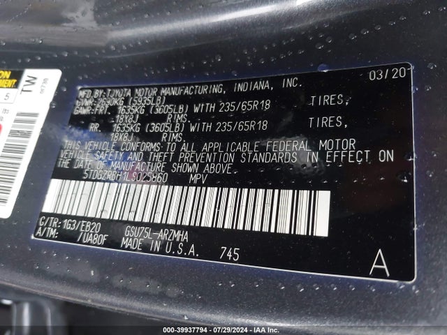 Toyota Highlander Xle 2020 5TDGZRBH1LS025860 Image 9