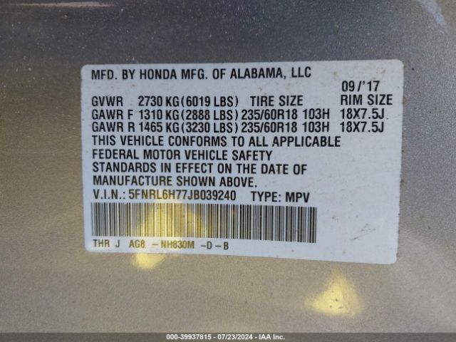 5FNRL6H77JB039240 Honda Odyssey Ex-l