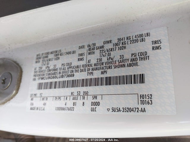 Ford ESCAPE SE 2020 1FMCU9G60LUB73669 Image 9