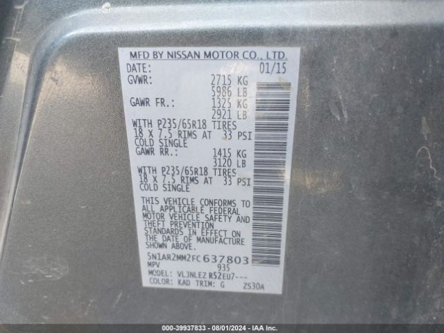5N1AR2MM2FC637803 Nissan Pathfinder Platinum/s/sl/sv