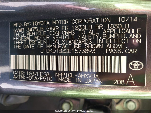 Toyota Prius C One 2014 JTDKDTB32E1573893 Image 9