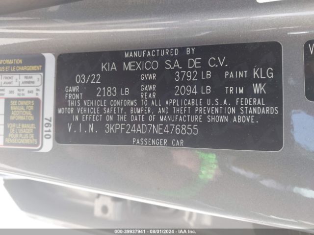 3KPF24AD7NE476855 KIA Forte Lxs