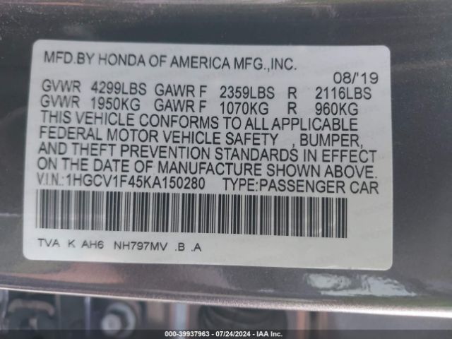 1HGCV1F45KA150280 Honda ACCORD EX
