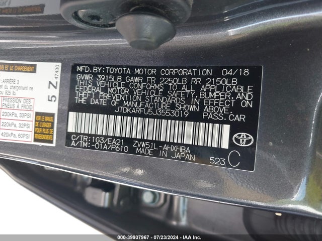 Toyota Prius 2018 JTDKARFU5J3553019 Image 22