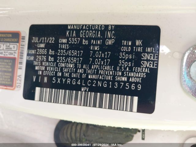 5XYRG4LC2NG137569 KIA SORENTO LX