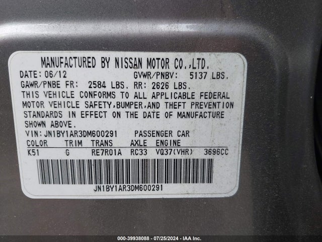 Aukcja sprzedaży 2013 Infiniti M37x, vin: JN1BY1AR3DM600291, numer aukcji: 39938088
