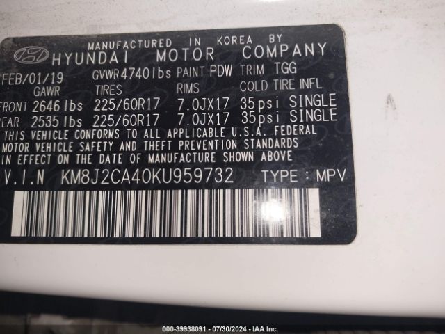 KM8J2CA40KU959732 Hyundai TUCSON SE