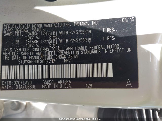 5TDYKRFH0FS067217 Toyota Highlander Limited V6