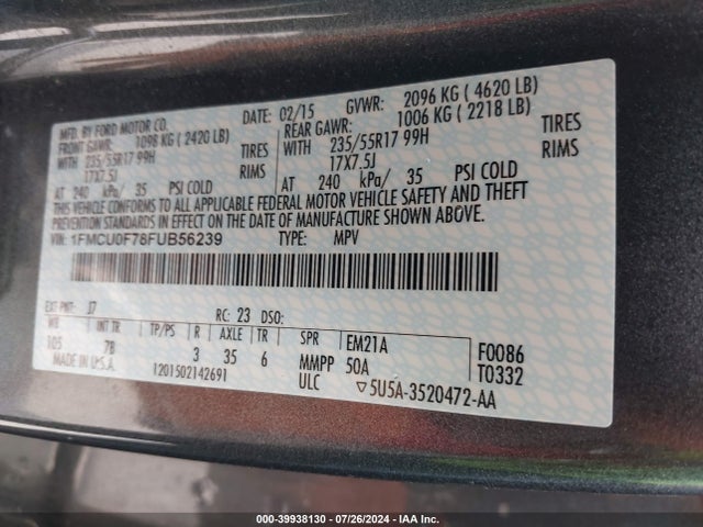 Ford ESCAPE S 2015 1FMCU0F78FUB56239 Image 9