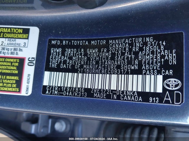 Toyota COROLLA LE 2014 2T1BURHE8EC093171 Image 9