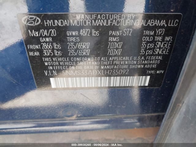 5NMS33ADXLH235092 Hyundai Santa Fe Sel