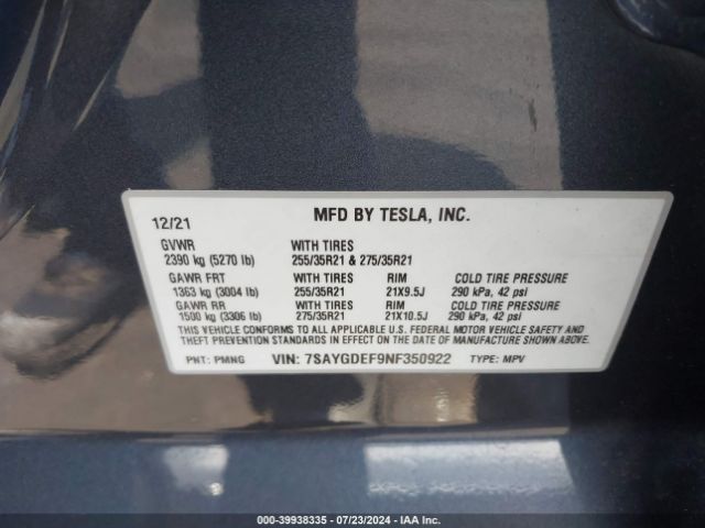 7SAYGDEF9NF350922 Tesla Model Y Performance Dual Motor All-wheel Drive