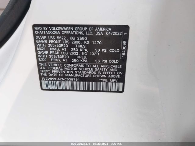 1V2WP2CA2NC538791 Volkswagen Atlas 2.0t Se W/technology
