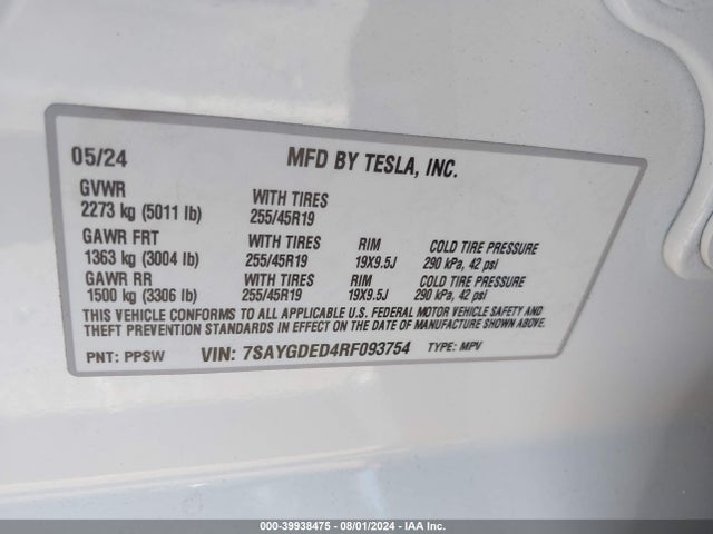 Tesla Model Y Long Range/rwd 2024 7SAYGDED4RF093754 Image 9