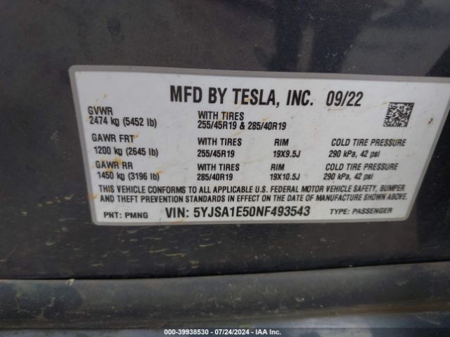 5YJSA1E50NF493543 Tesla Model S Dual Motor All-wheel Drive