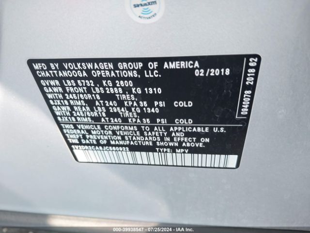 1V2DR2CA8JC560922 Volkswagen Atlas 3.6l V6 Se/3.6l V6 Se W/technology