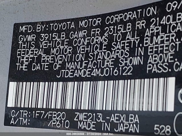 Toyota Corolla Hybrid Le 2021 JTDEAMDE4MJ016122 Image 9