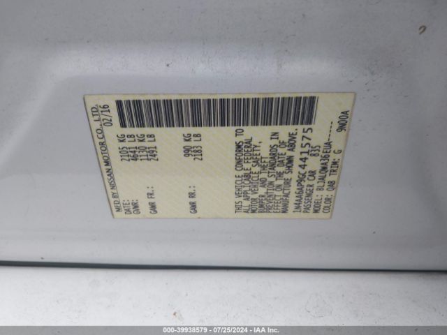 1N4AA6AP9GC441575 Nissan Maxima 3.5 Platinum/3.5 S/3.5 Sl/3.5 Sr/3.5 Sv