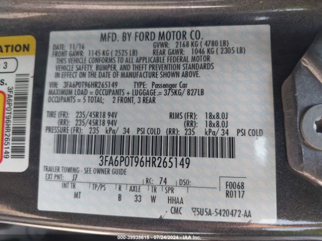 3FA6P0T96HR265149 Ford FUSION SE