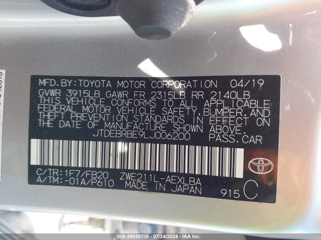 Toyota Corolla Hybrid Le 2020 JTDEBRBE9LJ006200 Image 9