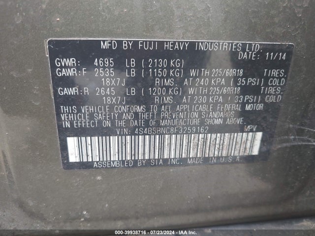 Subaru Outback 2.5i Limited 2015 4S4BSBNC8F3259162 Image 9