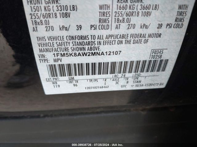 1FM5K8AW2MNA12107 Ford Police Interceptor Utility