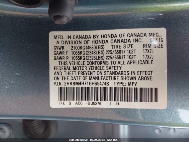 Honda Cr-v Ex-l 2016 2HKRM4H71GH654748 Image 9