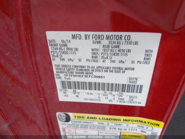 1FTFW1EF3EFC50851 Ford F-150 Platinum