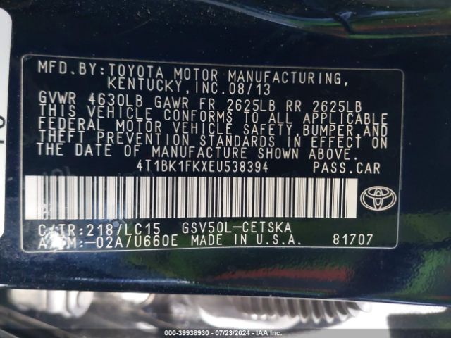 4T1BK1FKXEU538394 Toyota Camry Se V6