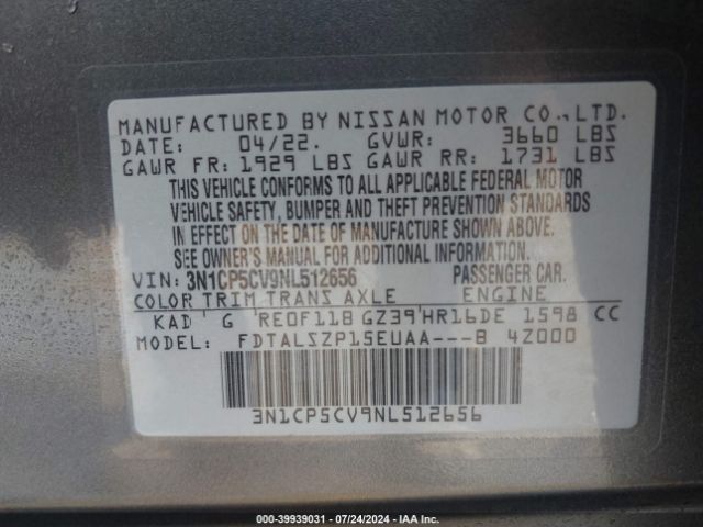 3N1CP5CV9NL512656 Nissan Kicks Sv Xtronic Cvt
